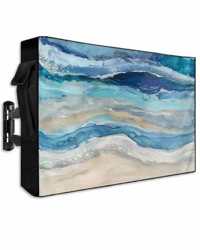 Lsrtoss Outdoor TV Cover 60-65 Inch Weatherproof, Blue Coastal Outdoor TV Enclosure with Zipper & Roll Up Front Flap, Summer Beach Nautical Abstract Art Waterproof TV Covers for Outside Flat Screen TV