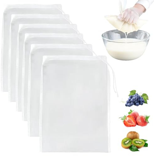 XQMMGO 6 sacchetti per latte di noci, 20 × 30 cm, riutilizzabili, filtro con coulisse, in nylon, per formaggio, succo di frutta, caffè, succo di verdura (20 × 30 cm)