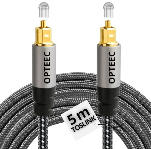 opteec® - Câble Optique Audio - 5M - Câble Optique Audio Toslink pour HOME CINEMA, BARRE DE SON, TV, SAMSUNG, BOSE, LG, SONY, SONOS, PS4, XBOX - Nylon Tressé Renforcé - Connecteur Plaqué Or (5M)