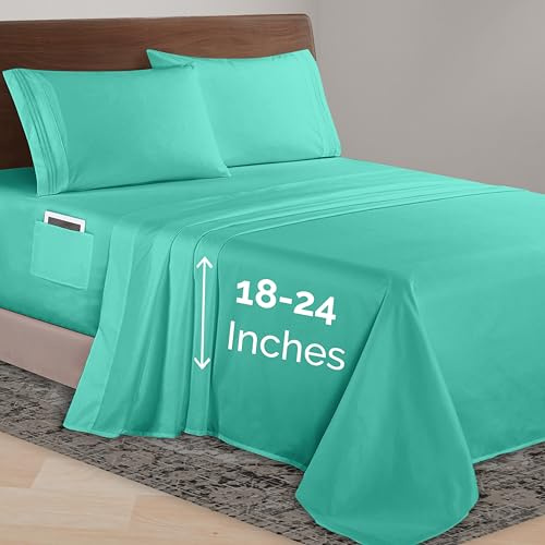 Elegant Comfort Luxurious 1500 Premium Hotel Quality Microfiber 4-Piece Sheet Set, 18-24 Inches Deep - Extra Deep Pocket Sheets - Ultra Soft 4PC Deep Pocket Sheets, Queen, Paradise Teal