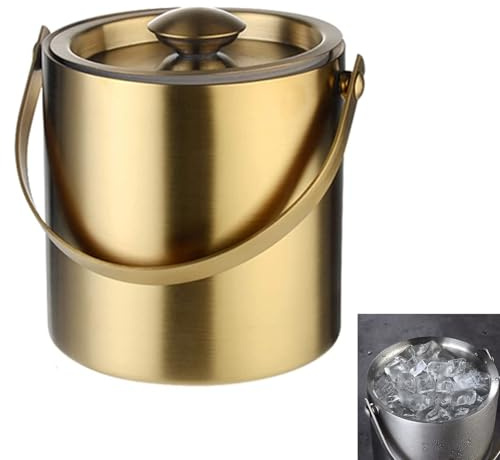 Yoeoefuo Ice Cube Tray 2l / 3l Eiskübel Mit Deckel Ice Bucket Edelstahl Eiswürfelbehälter Doppelwandig Lsoliert Eisbehälter Tragbar Multifunktional Partykühler Eisfass Grillparty Zubehör(Gold,2L)