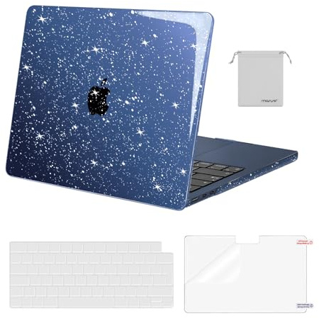 MOSISO Coque Compatible avec MacBook Air M5 M4 M3 M2 13,6 Pouces 2026-2022 A3449 A3240 A3113 A2681,Pailleté Étui RigidePour Mac Air 13 Pouces&Housse Clavier&ScreenFilm&Sac Rangement,Bleu Minuit