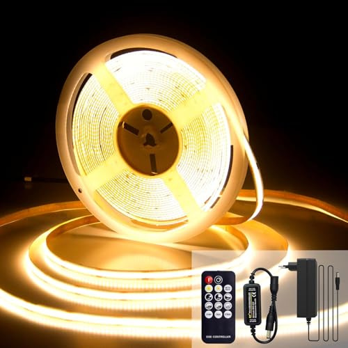luktix COB LED Streifen 10M, LED Streifen Warmweiss 2700K, Lichtband Selbstklebend, CRI92, 8mm Breite, mit Fernbedienung und Netzteil, für Home Dekoration, Küche, Spiegel