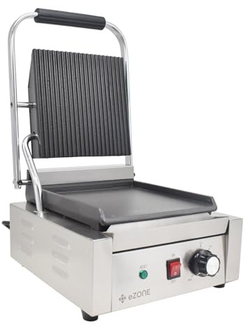 eZone Commercial Single Contact Grill Panini Maker Ribbed/Flat 1.8kW 230V