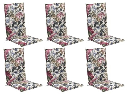 Home4You 6er Set Hochlehner-Stuhlauflagen mit Blumenmuster – Gartenstuhlauflage 120 x 48 x 3 cm – Baumwolle & Polyester – Mit verstellbarem Gurtband & Bindekordeln – Gefertigt in Deutschland