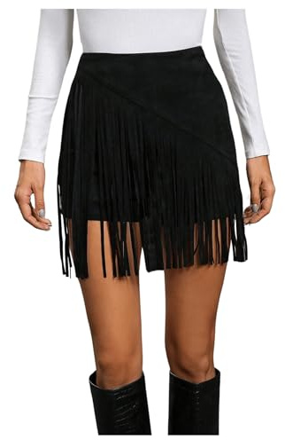 GORGLITTER Women's High Waisted Fringed Hem Skorts A Line Flared Mini Skirts Cowgirl Outfits Black Large