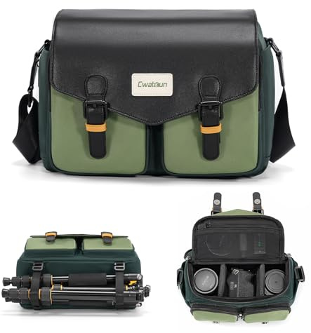 Cwatcun Camera Bag, Waterproof Flap Camera Crossbody Shoulder Messenger Case with Tripod Holder, Travel Photography Bag for Canon, Nikon, Sony, Fuji DSLR/SLR/Mirrorless Camera, Lens - Green, M
