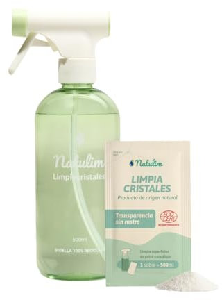 Natulim Pack Limpiacristales - Limpieza Profunda y Sin Rastro para Superficies Transparentes- Set de Pulverizador Recargable 500 ml + 2 Sobres de Recarga (1 Sobre = 500 ml).
