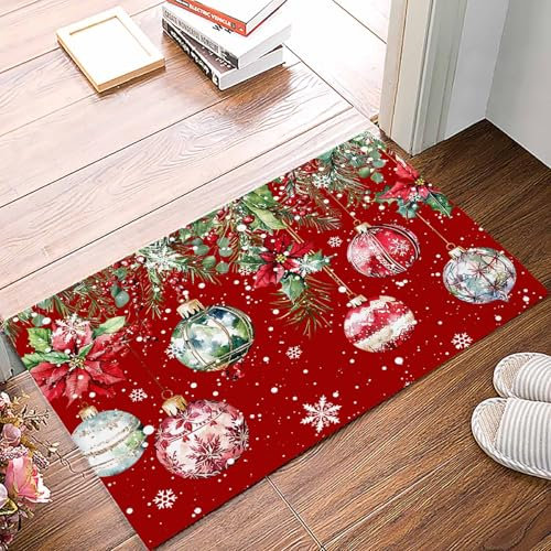 Fußmatten Rote Weihnachtskugeln Weihnachten Schneeflocke Botanical Antibakterielle Türmatte Rutschfester Badteppich Für Wohnzimmer Schlafzimmer Außen 40X60cm