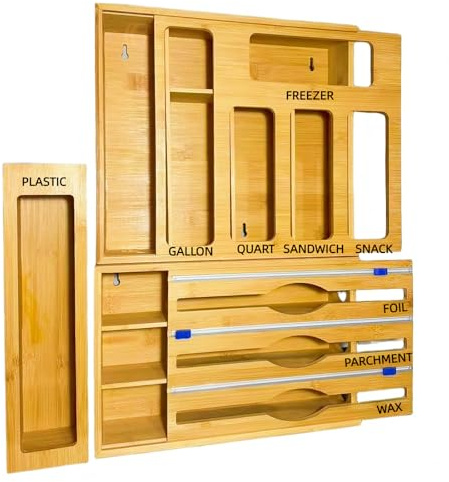Bamboo Foil and Plastic Wrap Organizer with Cutter, Ziplock Bag Organizer with Cutter for Kitchen Drawer Storage, Dispenser Compatible with Gallon,Quart,Sandwich,Snack Variety Size Bags (Sliding type)