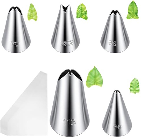5 PCS Leaf Piping Tips, Leaf Stainless Steel Icing Piping Nozzles Cake Decorating Tips for Cupcakes Cookies Pastry Cake Decoratings Tools for Fondant DIY Baking Tools with 100 Pcs Bags