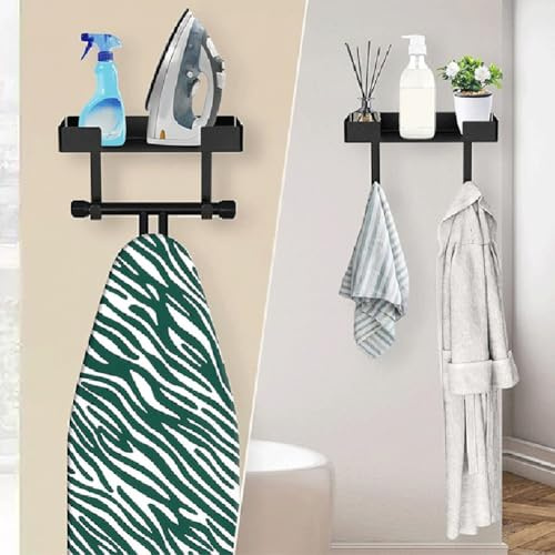 Gdfnmogo Soporte de pared para tabla de planchar en forma de T/Y, colgador de tabla de planchar de acero inoxidable con estante de almacenamiento de cestas, capacidad de 30 libras, color negro