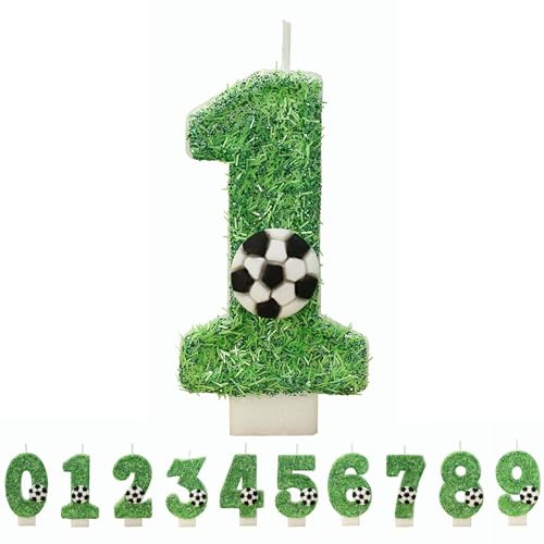 Gleemix 3D Ggeburtstagskerzen Fußball Zahlen 1, Grün Gras Zahlenkerze Glitzernde, Cake Topper 1. Geburtstag für Geburtstag Junge Mädchen, Sport-Themed Party, Firmenfeiern, Jubiläen