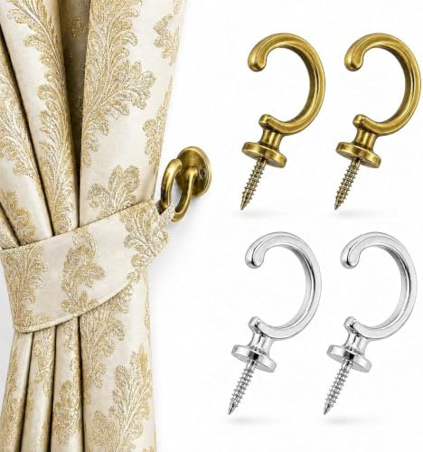Curtain Tie Back Hooks Set of 4, Heavy Duty Metal Tie Back Hooks for Curtains, Brass & Silver Wall Mounted Curtain Hooks, Vintage Curtain Hooks Metal for Window & Shower Curtains