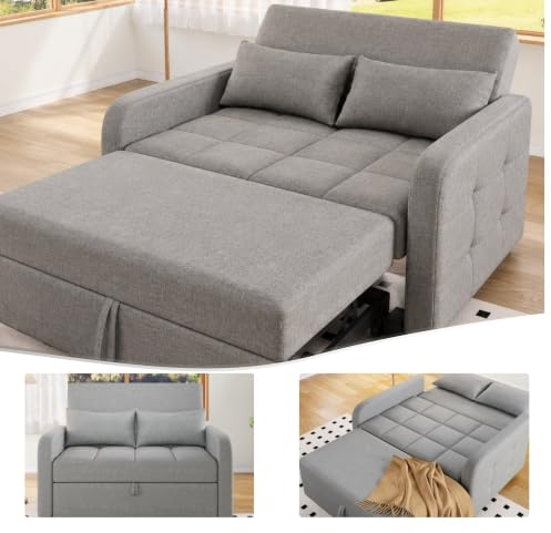 Sofa 2-Sitzer Ausziehbar Schlafsofa mit Schlaffunktion und Kissen, Grau | Verstellbarer Rückenlehne, Rollen, Klappsofa, Doppelsofa, Linen