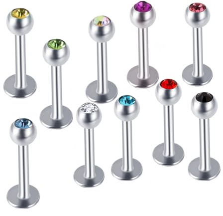 YIPFEN 10 Stück Edelstahl Lippe Labret Zirkonia Nase Zucht Hantel Piercing (16 Gauge)