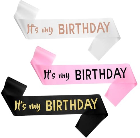 3 piezas 'It's My Birthday' bandas, banda de cumpleaños, banda de satén personalizada, banda de cumpleaños para niñas, mujeres, hombres, adultos, chicas (Rosa/Negro/Blanco)