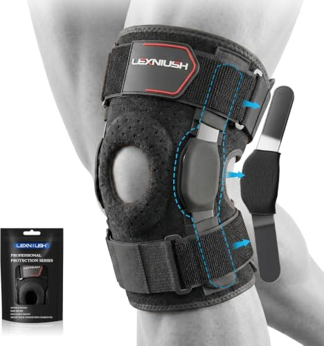 Lexniush Kniebandage Männer Damen, Verstellbare Kniestütze mit Scharnier für Meniskusriss, Arthritis, ACL, Arthrose, Bandage Knie mit Patella Gel Pads Knieschiene für Sport, Wandern, Handball, Laufen