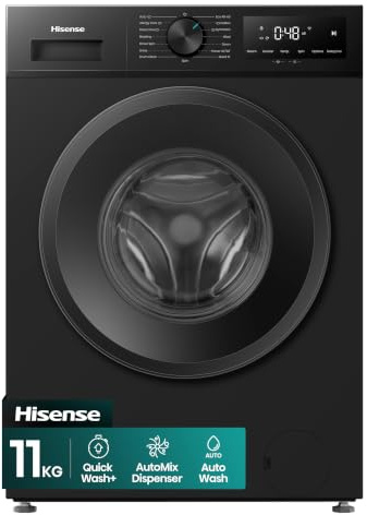 Hisense 11kg Washing Machine, Black, 1400rpm Spin Speed, Auto Wash, Steam Hygiene, Quick Wash, Inverter Motor, 15 Programmes, A Rated Energy Efficiency, Freestanding, Black, WF1I1142BBL