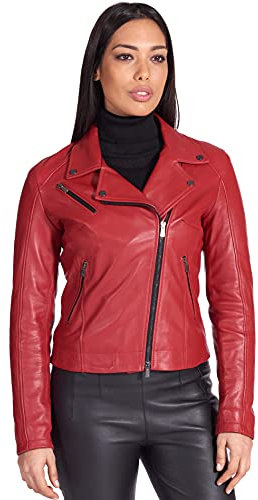 D'Arienzo Chiodo in Pelle Donna Rosso Giacca Biker Giubbotto Moto Vera Pelle Made in Italy KBC Rosso/S