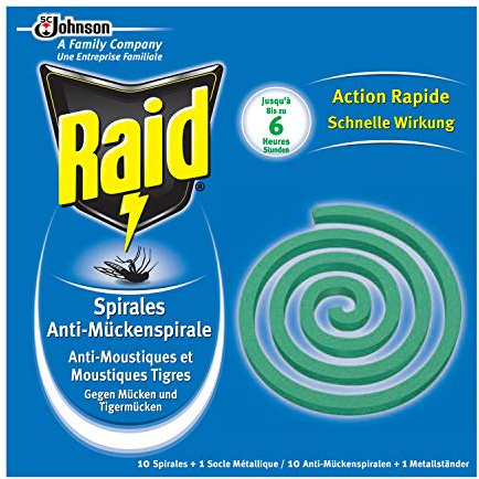Raid Anti-Mosquitoes Spirals, 10 Spirals, 1 Metal Base, Outdoor Use, Diffusion 6h, Insecticide - pack of 4