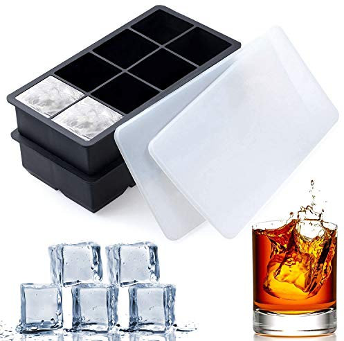 Large Square Ice Cube Trays - SLGOL 2 Pack Silicone Tray Set with BPA Free Plastic Lids for 8 Square Cubes Flexible Stackable Easy Release Freezer Molds for Whiskey, Cocktails, and Mixed Drinks