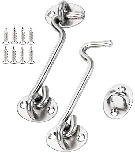 Tiberham Edelstahl Sturmhaken, Kabinenhaken Fensterhaken mit Öse Platten, Torhaken Türhaken Fensterriegel für Garagentor Fenster, 95 mm, 2 Stück