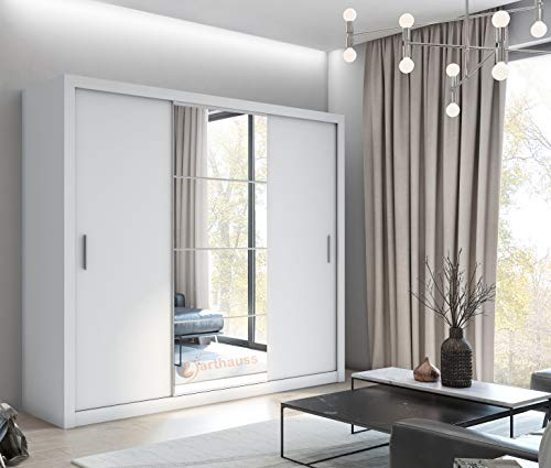 Arthauss Modern Wardrobe Sliding Door with Mirror IDEA 01 in White Matt 250cm - Flat Pack Wardrobe with Mirror for Your Bedroom