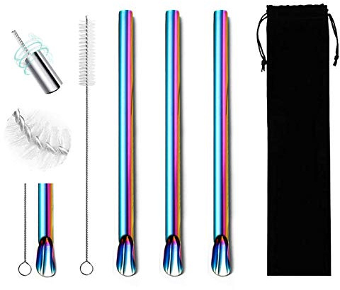 Extra Wide Reusable Stainless Steel Boba Drinking Straws Spoon Fat Straws Smoothie/Bubble Tea/Milkshakes Straws with Cleaning Brush & Carry Bag 12mm/0.5 Wide (Set of 3, Rainbow)