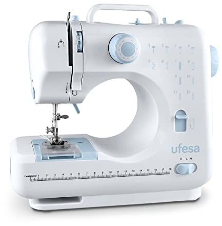 Ufesa SW1201 Enkel symaskin med 12 stygn, 2 hastigheter, syljus, manuell pedal/strömbrytare, 6 V, plast, vit, lila