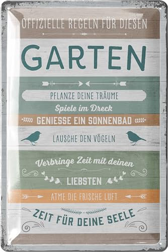 LANOLU Gartenregeln Schild - Blechschilder Garten mit Sprüchen - nostalgische Dekoration als Gärtner Geschenke - retro Deko vintage Metallschild Garten in Holz Optik 20x30cm