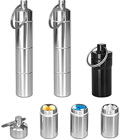 3 stück Pillendose Schlüsselanhänger,Wasserdichte Aluminium Klein Tablettenbox mit 3 Teilbaren Fächer & Mini Pillenbox für Unterwegs Reise Camping Speicherung
