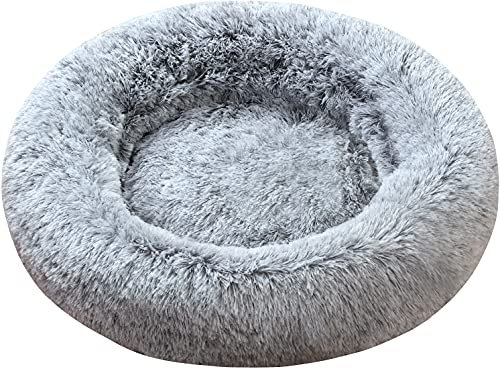 Comlax Beruhigende Donut Hundebetten XL, Rundes Kissen mit abnehmbarem waschbarem Bezug, Anti-Angst-Kunstfell-Kuscheltier, Flauschiges, bequemes, pelziges Haustierbett (80cm, Grau)