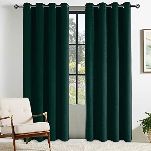 CUCRAF 100% Blackout Velvet Eyelet Curtains,2 Panels Ring Top Thermal insulated Soundproof Blackout Curtains for Bedroom,Kidsroom and Living Room,46 x 72(W x L), Dark Green-G