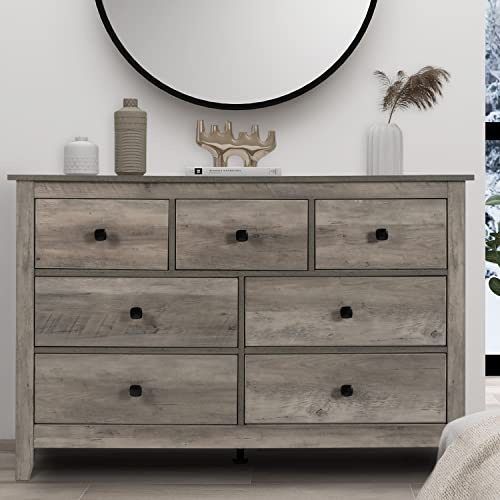 Vikiullf 7 Drawer Dresser - Wooden Bedroom Dressers, Grey Storage Drawers Cabinet for Bedroom, Living Room, Farmhouse Dresser Organizer, Rust Chest of Drawers
