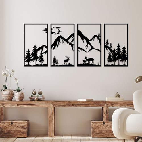 DUOOLN 4 Stück Metall Bergblick Wanddekoration，Schwarze Linie Malerei Wandbehang，Abstraktes Minimalistisches Rustikales Natürliches Haus Wandschild Garten Home Decor Skulptur