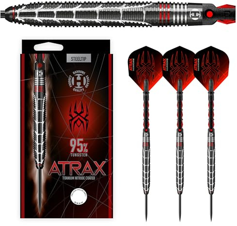 Harrows Atrax 95% Tungsten Darts | Darts-Set mit Stahlspitze| 21g, 22g, 23g, 24g, 25g & 26g | Beinhaltet Carbon ST-Schäfte und 100 Micron Atrax Red Flights