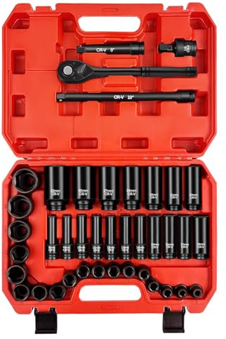 WETT 1/2 Drive Impact Socket Set, 40Pcs Metric Socket Wrench Set (8-32mm), Heavy Duty Standard Sockets Assortment, Deep/Shallow, 1/2-Inch Ratchet Handle, 5, 10 Extension Bar, Universal Joint
