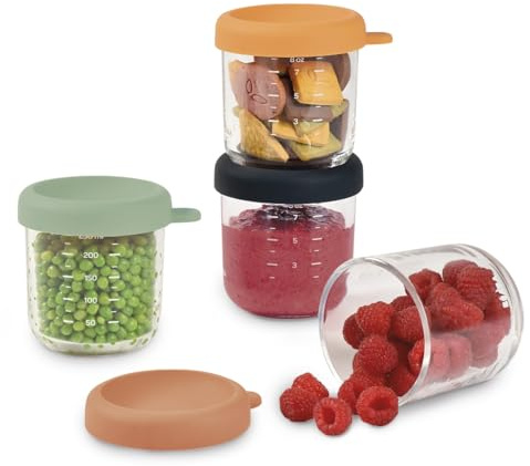 BEABA - Set of Baby Food Storage Containers - Weaning pots - Glass Conservation Jar - Colorful Lids - Graduation Measuring Scale - Heat and Freezer Shock Resitant - 4 x 250 ml - Sunrise