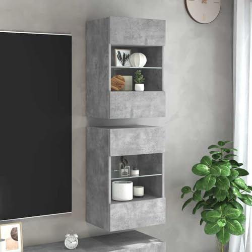 Homgoday TV-Wandschränke 2 STK(Ausgenommen ist der Unterschrank)，Schrankwand Fernsehschrank mit viel Stauraum, Anbauwand Wandmontage TV Möbel für Wohnzimmer Schlafzimmer Betongrau 40x30x60,5 cm