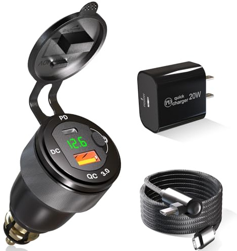 Motorcycle Power Adapter Hella DIN Plug to USB Charger Waterproof for BMW Triumph Tiger Ducati Motorcycle, USB C PD 3.0 DIN to USB Adapter QC 3.0 Power Socket Outlet with Voltmeter and ON-Off Button