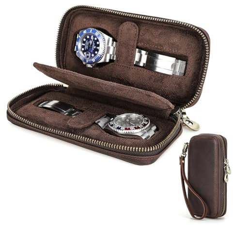 CONTACTS Herren-Armbanduhr, echtes Leder, mit Reißverschluss, schmale Box, minimalistische Vintage-Uhr, Handtasche, Clutch mit Befestigungsriemen (Kaffee, 2 Fächer)