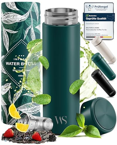 Bouteille d’eau isotherme à infusion thé & fruits + infuseur à fruit + passoire thé sans BPA | Thermos 450ml en acier inoxydable isolé sous vide | Gourde bureau extérieur école voyage sport – Teal