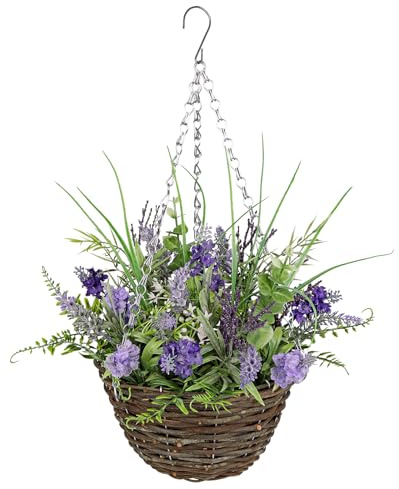 Arborus Artificial Hanging Basket 17.7 Fake Lavender Plants Hanging Baskets Realistic Silk Flower Baskets Faux Floral Basket with Greenery for Home Farmhouse Porch Patio Indoor Decor
