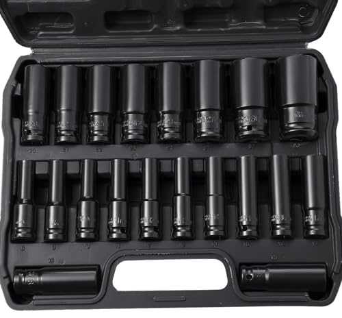 Putentfun 20PCs Deep Impact Socket Set 1/2 Inch, CR-V Drive Master Deep Impact Socket Set 8mm - 32mm, Metric, 6 Point with Black Strong Case