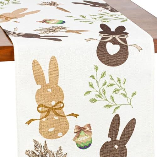 QINJIEJIE TischläUfer Ostern Linen Oster Hase Osterei Abwaschbar Table Runner Ostern Deko für Ostern Party Zuhause Küche Esstisch Festival Dekoration 180x35cm