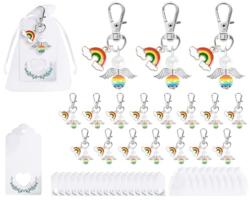 Fyshird 15 Stück Schutzengel Schlüsselanhänger Set mit Regenbogen Anhänger Geschenkanhänger Organzabeutel Gastgeschenke für Kindergeburtstag Taufe Hochzeit Einschulung LGBTQ Accessoires