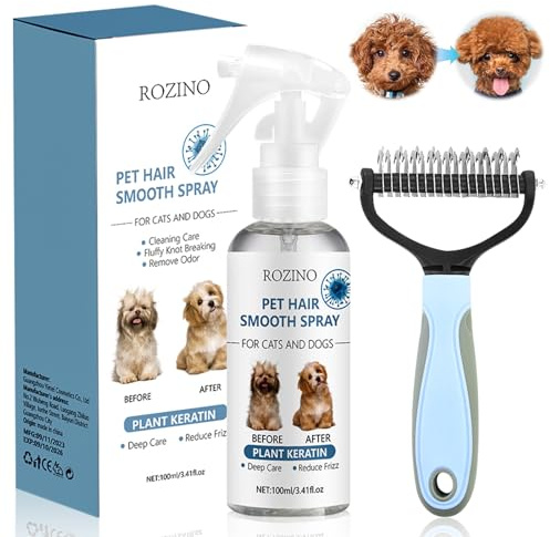 Cepillo para perros y gatos para pelo largo + espray de desenredar para perros y gatos, para el cuidado del pelo, elimina enredos, desodoriza y elimina olores, hace que