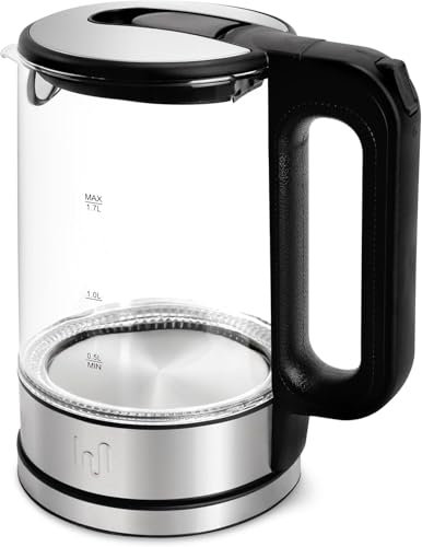 Bollitore in vetro da 1,7 litri, 2200 W, illuminazione a LED blu, in vetro borosilico, con filtro anticalcare