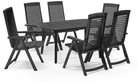 Shaf Gartenmöbel Set Tisch und Stühle 7-teilig - Gartentisch mit klappbaren Stühlen aus wetterfestem Kunststoff - Essgruppe Set für Balkon Terrasse und Garten - Gartengarnitur mit Esstisch Anthrazit